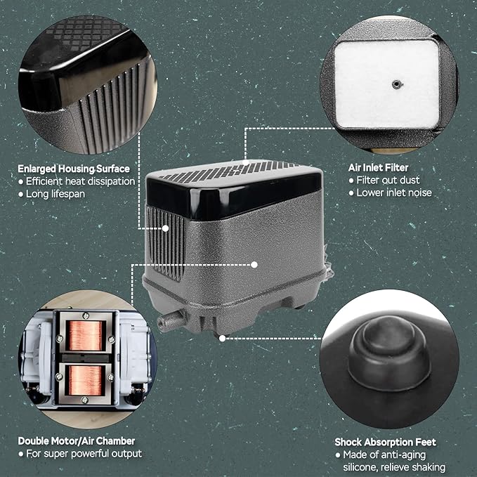 AquaMiracle Linear Air Pump ZP-40/ZP-60/ZP-100/ZP-200 for Pond Aeration, 635/950/1600/4000GPH Septic Air Pump Pond Aerators for Outdoor Ponds, Waste Treatment, Aquarium, Fish Farm, Seafood Restaurant-PawvioPets