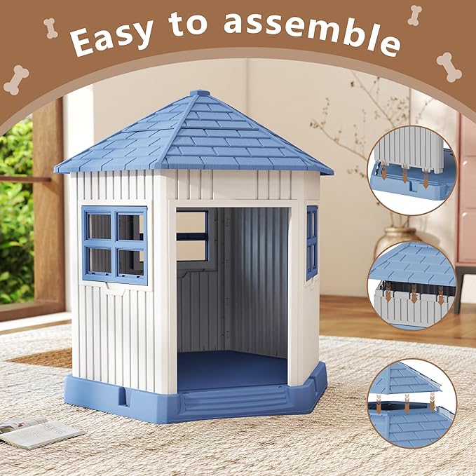 DRATO Dog House Indoor Outdoor Durable Large Dog Shelter with Outside Dog Kennel with Window and Elevated Floor for Small Medium Dogs (Blue, 34.8 * 30.51 * 36.89)-PawvioPets