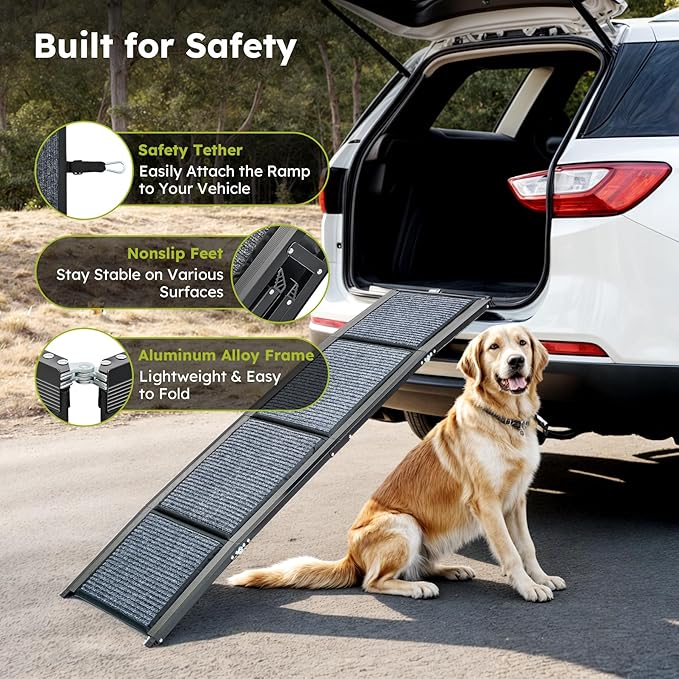 Dog Ramp for Car, 63" Folding Pet Ramp for Large Dogs up to 200 lb, 17" Wide Car Ramp for Dog, Portable Pet Stair Ramp with Nonslip Rug Surface, Outdoor Dog Ramp for Truck SUV High Bed Couch-PawvioPets