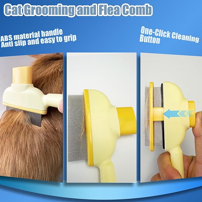 Flea Comb for Dogs and Cats with Release Button Fine Tooth Dog Comb for Grooming Massaging and Cleaning Remove Fleas Eggs Pet Hair Removal for Short and Long Hair 2 Pack-PawvioPets