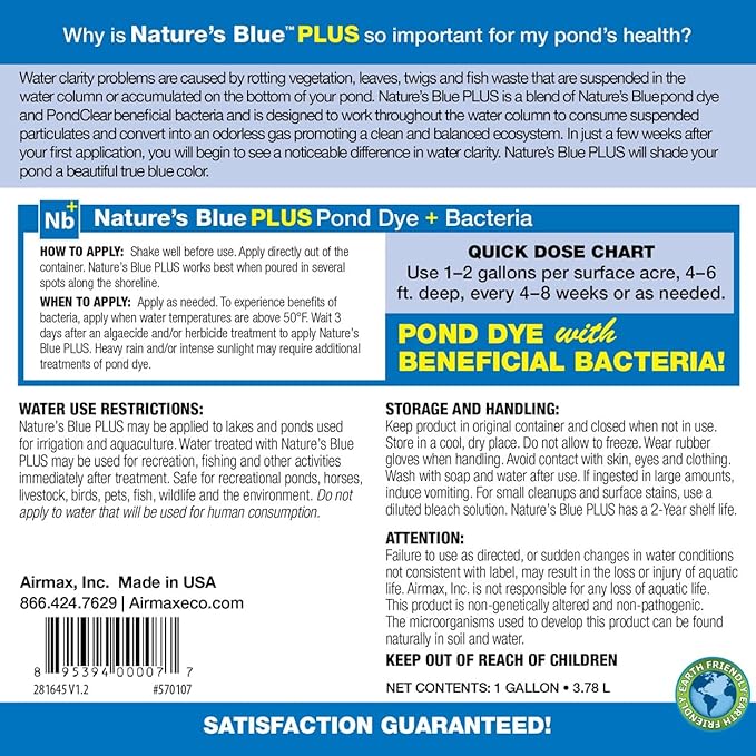 Airmax Pond Dye Plus, Nature's Blue Colorant & Natural Beneficial Bacteria, Large Pond & Lake Water Clarifier & Color Treatment, Shade Plants & Algae from Sunlight, Fish & Livestock Safe, 4 Gallons-PawvioPets