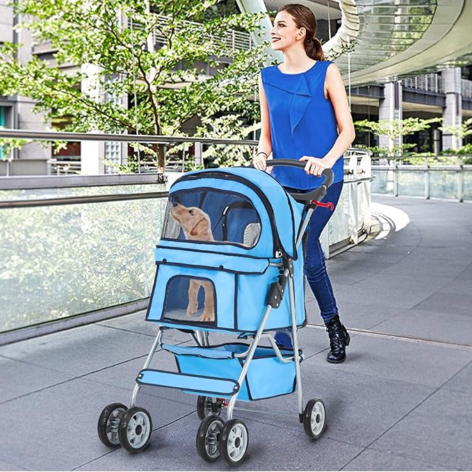 Dog Stroller, Folding 4 Wheels Pet Stroller for Small Medium Dog Cat Travel Carrier with Weather Cover Storage Basket Cup Holders Blue-PawvioPets