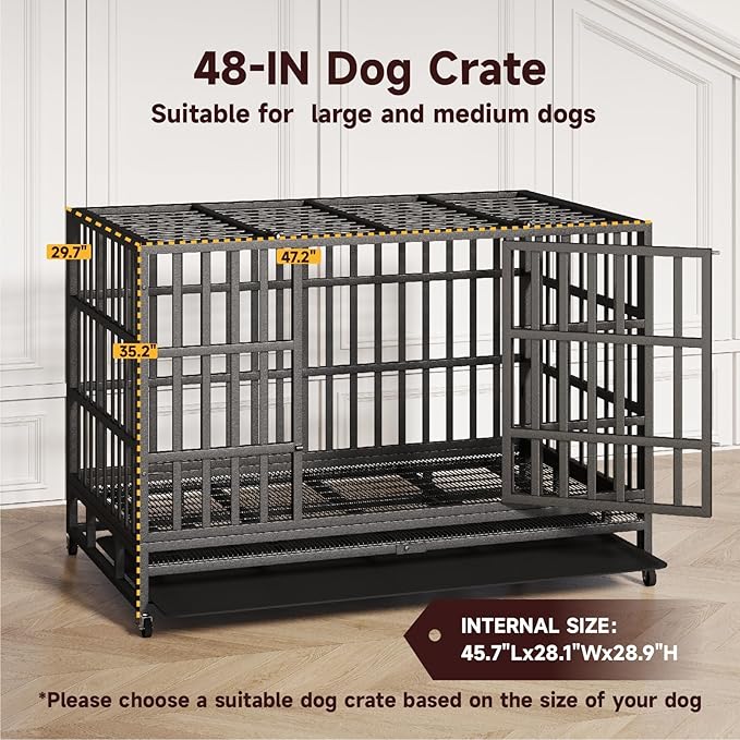 48 Inch Heavy Duty Indestructible Dog Crate Steel Escape Proof, High Anxiety Cage, Kennel with Wheels, Removable Tray, Extra Large XL XXL-PawvioPets