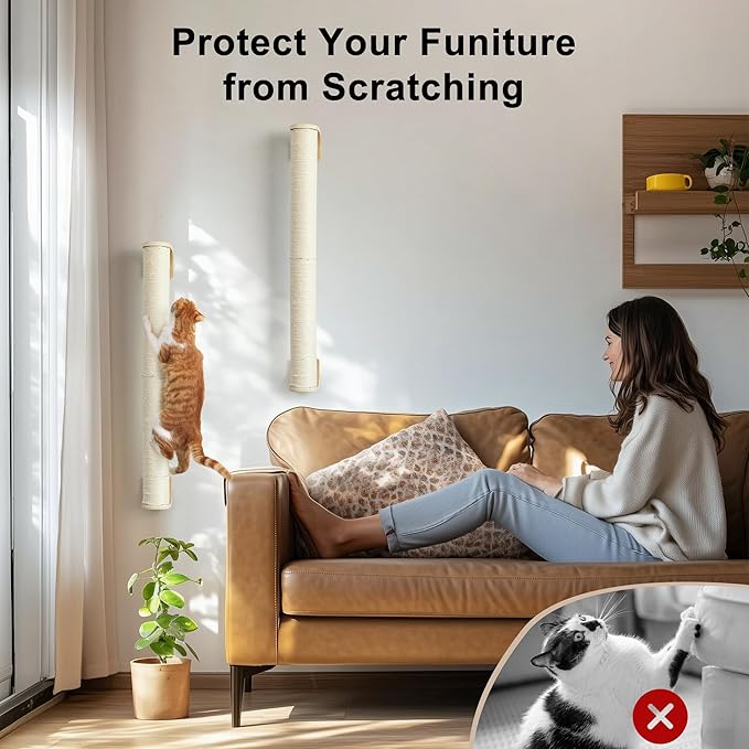 FUKUMARU Cat Wall Scratcher, 28" Wall Mounted Kitten Scratching Post, Sturdy Sisal Climbing Tree for Indoor Cats-PawvioPets