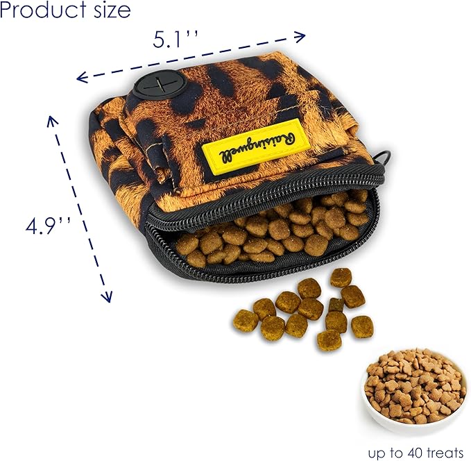 Dog Treat Pouch for Pet Walking and Training with Clicker Poop Bags and Double Bag Design Small Fanny Zipper Pack Holder for Puppy Snack Dispenser Kit for Leash and Outdoor Use Leopard Print-PawvioPets