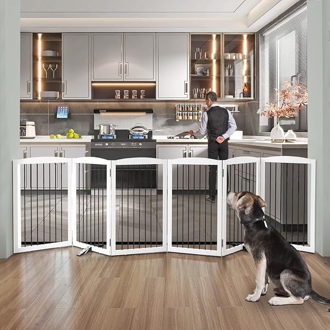 Freestanding Panel Dog Gate for Indoor, Doorways,Stairs, or Hallways,Foldable Wooden Dog Gates for House,Pet Gate for Dogs,Dog Fence, Puppy Gate,Support Feet Included,32 "Height-6 Panels,White-PawvioPets
