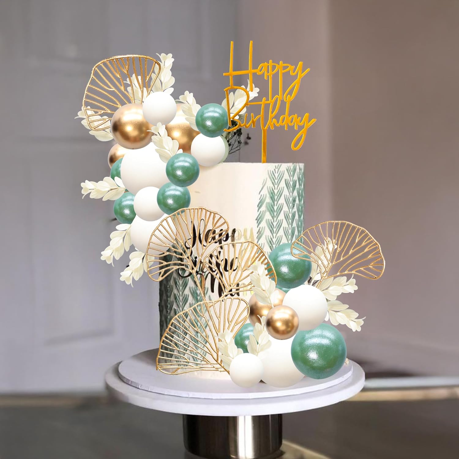 Gyufise 57Pcs Balls Cake Topper Boho Grass Cake topper Pearl Balls Acrylic Happy Birthday Cake Decorations for Wedding Baby Shower Birthday Boho Themed Party Supplies Pearl Green