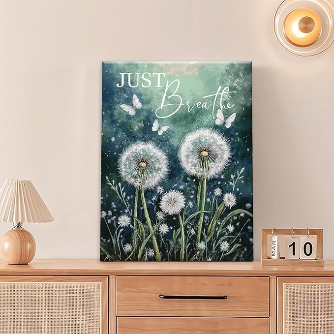 Dandelion Pictures Wall Art, Farmhouse Floral Bathroom Wall Decor, Rustic Inspirational Framed Painting Butterfly White Flower Canvas Artwork for Bathroom Bedroom Living Room Decorations 20"L x 16"W-PawvioPets