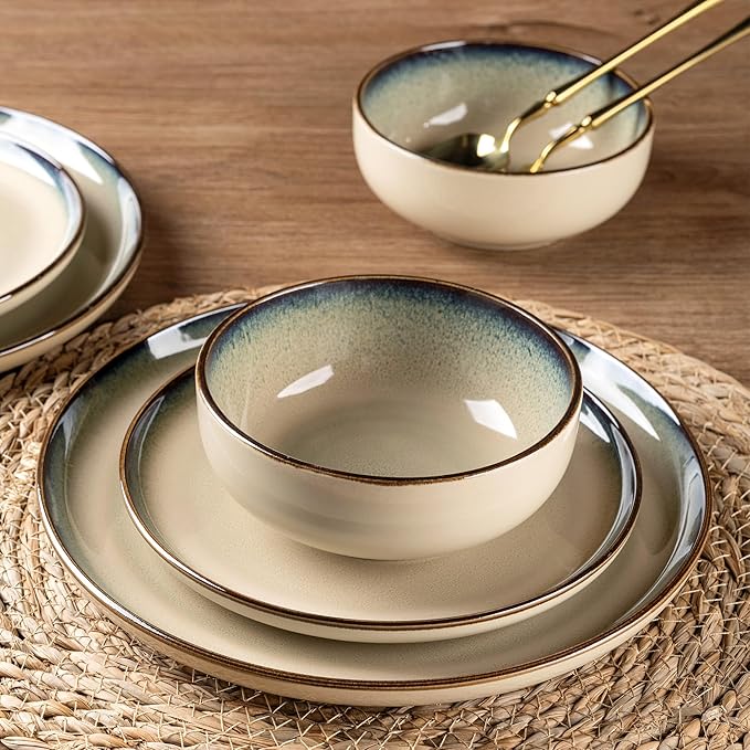 GBHOME Ceramic Dinnerware Sets for 4, 12 Pieces Stoneware Plates and Bowls Sets, Scratch Resistant Dishes, Dishwasher & Microwave Safe, Reactive Glaze-Gravel-PawvioPets