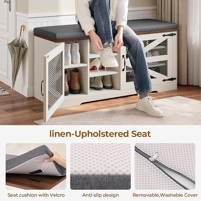 Farmhouse Storage Bench with Cushion, Metal and Wood Shoe Rack Organizer, Adjustable Shelf, Shoe Cabinet with Half Hidden Storage Space, for Entryway, Bedroom, Living Room (Old White, 43.3in)-PawvioPets