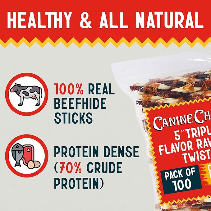 Canine Chews 5" Triple Flavor Rawhide Stick Twists for Small Dogs Dog Treat Dental Stick Chicken, Pork, Beef Flavor Chew Toy (100 Pack)-PawvioPets