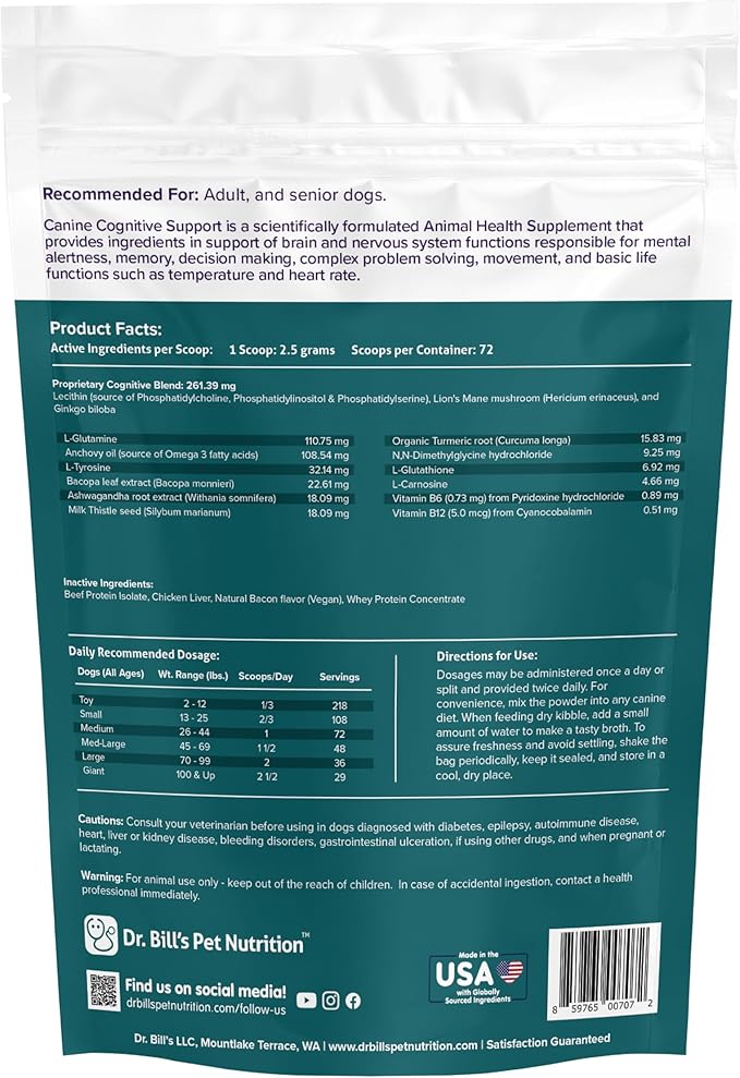 Dr. Bill’s Canine Cognitive Support | Memory Support Supplement Multivitamin for Dogs | Contains Gingko Biloba, L-Carnosine, Vitamin B-12, L-Glutamine, L-Tyrosine, and DHA for Adult and Senior Dog-PawvioPets