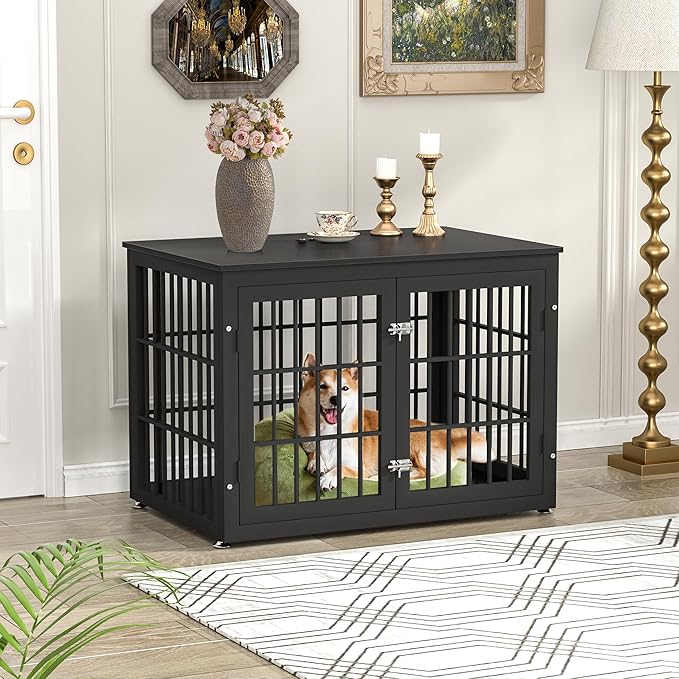 38 Inch Heavy Duty Dog Crate Furniture for Large and Medium Dogs, Decorative Pet House End Table, Wooden Cage Kennel Furniture Indoor, Black-PawvioPets