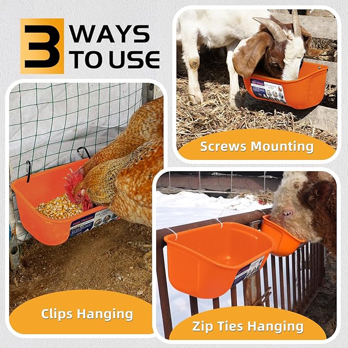 Goovilla Chicken Feeder Waterer, Hanging or Screw-in Fence Feeder with Clips, 2 Pack 5 Quart Goat Feeder Supplies, Duck Piglet Sheeple Coop Dog Livestock Poultry Plastic Feeder Trough Bucket, Orange-PawvioPets