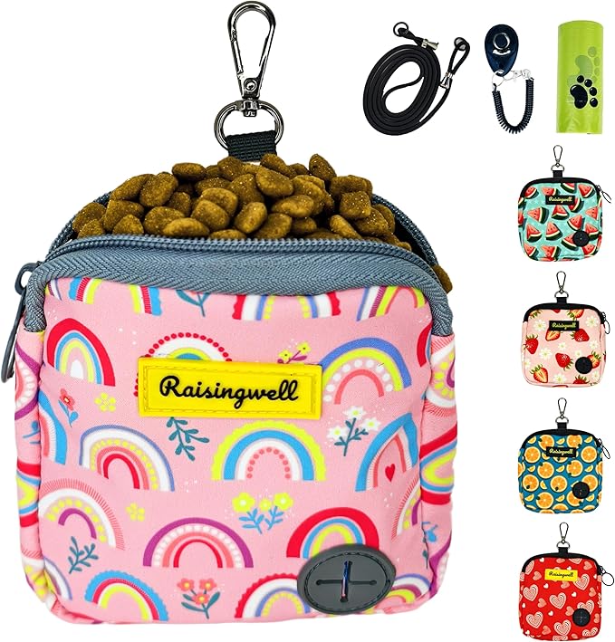 Dog Treat Pouch for Pet Walking and Training with Clicker Poop Bags Small Fanny Zipper Pack Holder for Puppy Snack Dispenser Kit for Leash and Outdoor Use (Rainbow)-PawvioPets