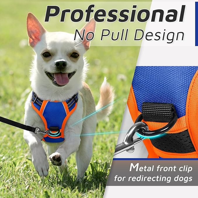 Eagloo Small Dog Harness No Pull, Service Vest with Reflective Strips and Control Handle, Adjustable and Comfortable for Walking, No Choke Pet Harness with 2 Metal Rings, Blue & Orange, XS-PawvioPets