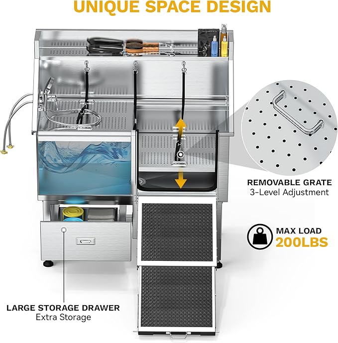 DWVO Professional Dog Bathing Station Stainless Steel 304 Dog Bathtub 50in for Grooming w/Left Door Ramp, 2 Storage Drawers, Faucet, Grate, Pet Washing Station for Large, Medium, Small Pets-PawvioPets
