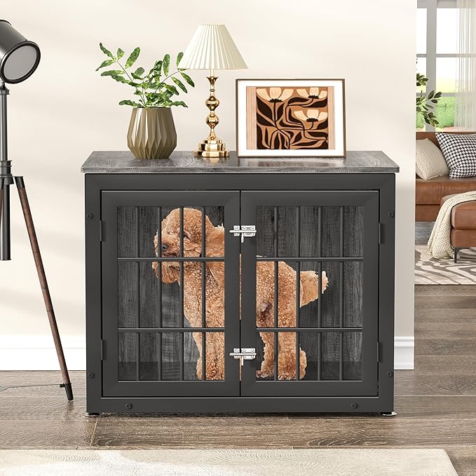 32" Heavy Duty Dog Crate Furniture for Small and Medium Dogs, Metal Kennel for High Anxiety Dogs, Chew Proof Pet Cage Indoor, Decorative Dog Kennel End Table-PawvioPets