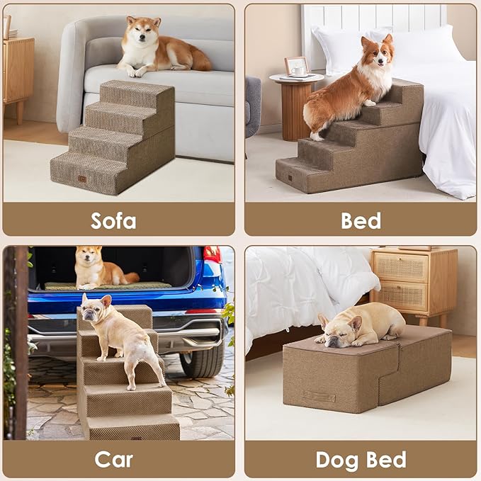 EHEYCIGA Dog Stairs for High Bed 25" H, 5-Step Extra Wide Dog Steps for Bed, Pet Steps for Small Dogs and Cats, Non-Slip Balanced Pet Ramp Indoor, Camel-PawvioPets
