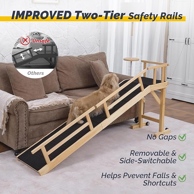 Dog Ramp for Bed or Couch, Wooden Pet Ramp with 20° Gentle Slope, Removable Side Rails, Non-Slip Surface, Top Platform & Wheels, Safe Bed Ramp for Small, Medium & Senior Dogs, 74" Long, Natural-PawvioPets