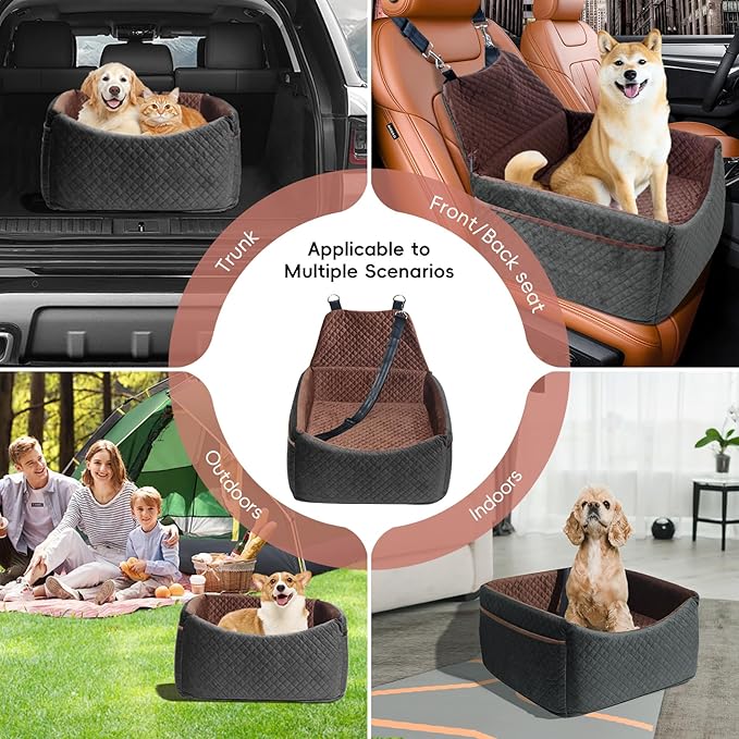 Dog Car Seat for Small Medium Dogs, Soft Fabric Dog Booster Seat with Storage Pockets, Safety Belt, Comfy Pet Car Seat Travel Bed, Removable and Washable-PawvioPets