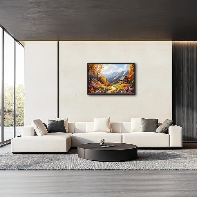 Framed Large Autumn Mountain Wall Art for Living Room, Oversized Wildflower Tree Wall Decor Nature Landscape Canvas Painting Modern Artwork Home Decoration for Living Room Bedroom 36"x24"-PawvioPets