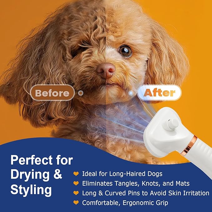 3-in-1 Pet Hair Dryer Brush for Dogs & Cats Portable, Dog Hair Blower & Slicker Brush Adjustable Temp (Low/Middle/High), Overheat Protection-PawvioPets