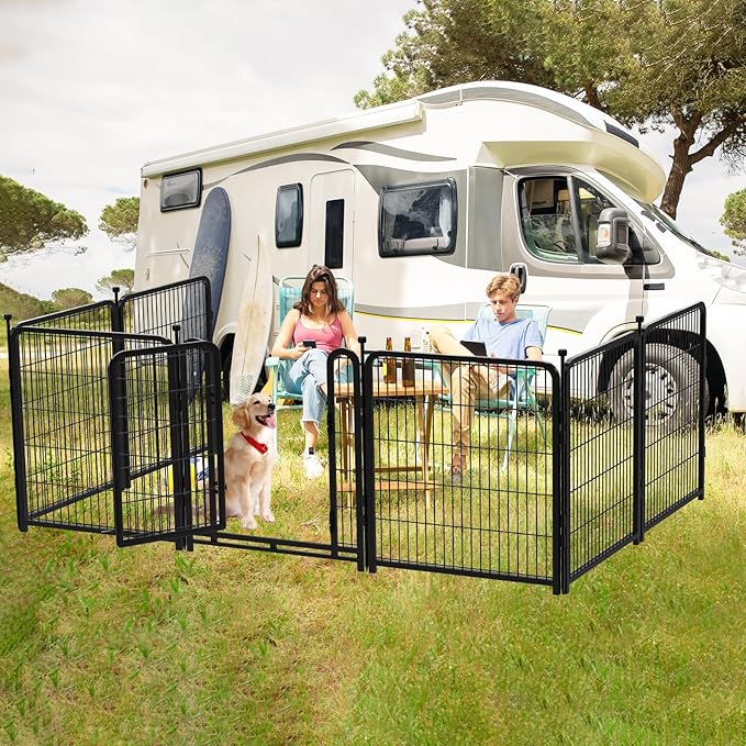 Dog Playpen 48 inch(H) 4 Panels Dog Fence Outdoor for Yard. Metal Dog Pen Heavy Duty Pet Puppy Exercise Pen for Rv Camping Garden Yard, Wide Door Low Threshold Dog Fence Total 8.9 Ft(L)-PawvioPets