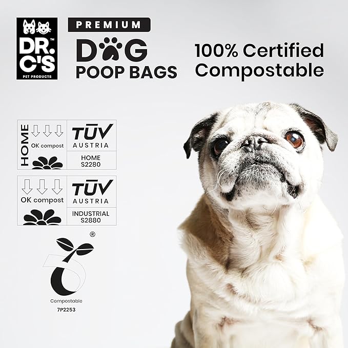 100% Certified Compostable Dog Poop Bags - Dr. C's Premium Dog Poop Bags - 270 Bags / 18 Rolls, Extra thick, Leak Proof, Unscented, Plant Based and Earth Friendly, Dispenser Included-PawvioPets