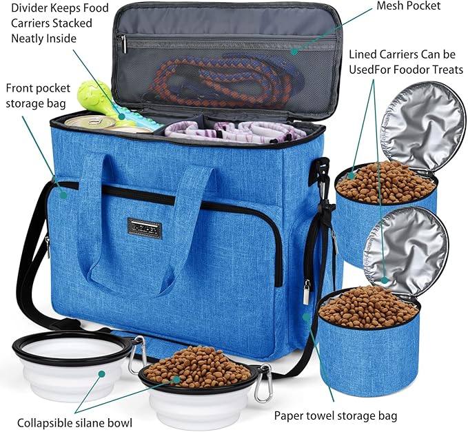 BAGLHER Dog Travel Bag, Pet Travel Bag (ALL Pet Travel Supplies), With 2 Pet Food Containers and 2 Collapsible Silicone Bowls; Essential Kits for Pet Travel Blue-PawvioPets