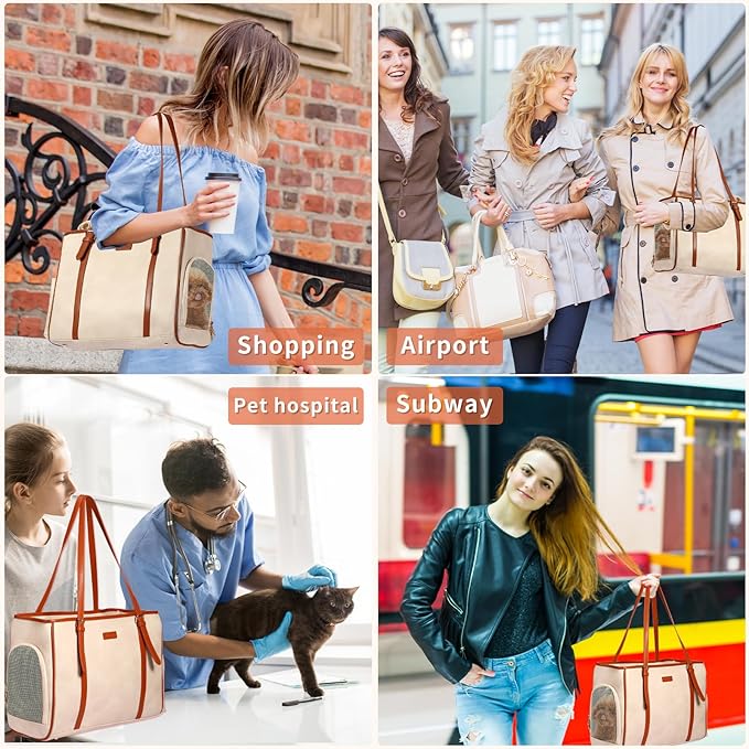 Fashion Dog Purse Pet Carrier Leather Bag for Small Dogs Cats Puppy, Portable Tote Bag Airline Approved Soft-Sided Carriers (Beign)-PawvioPets