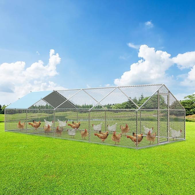 4ever2buy Large Metal Chicken Coop with Run Walk-in Poultry Cage Chicken Runs House Pen Cage Spire Roofed Chicken Coops with Anti-Ultraviolet Cover for Outdoor Backyard Farm Use 9.5’Lx24.9’Wx6.4’H-PawvioPets