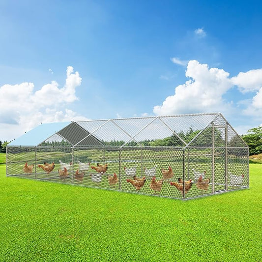 4ever2buy Large Metal Chicken Coop with Run Walk-in Poultry Cage Chicken Runs House Pen Cage Spire Roofed Chicken Coops with Anti-Ultraviolet Cover for Outdoor Backyard Farm Use 9.5’Lx24.9’Wx6.4’H-PawvioPets
