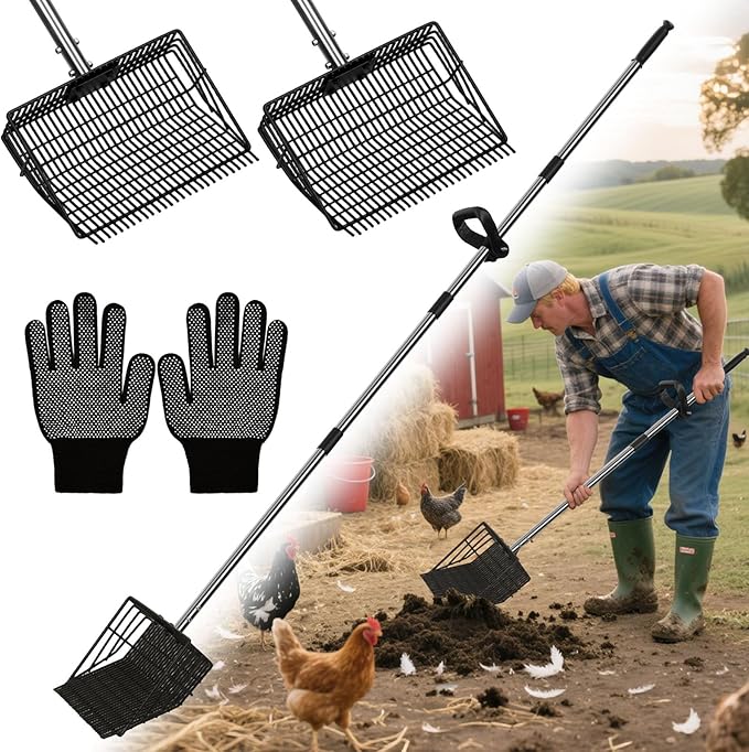 2 in 1 Chicken Poop Scooper Rake , 2 Rakes and 4 Sections Adjustable Stainless Steel Handle 37.4 - 68.9 Inch, Litter Scoop Chicken Coop Scoop for Animal Farm and Poultry Habitats with Gloves-PawvioPets