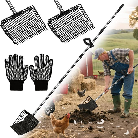 2 in 1 Chicken Poop Scooper Rake , 2 Rakes and 4 Sections Adjustable Stainless Steel Handle 37.4 - 68.9 Inch, Litter Scoop Chicken Coop Scoop for Animal Farm and Poultry Habitats with Gloves-PawvioPets