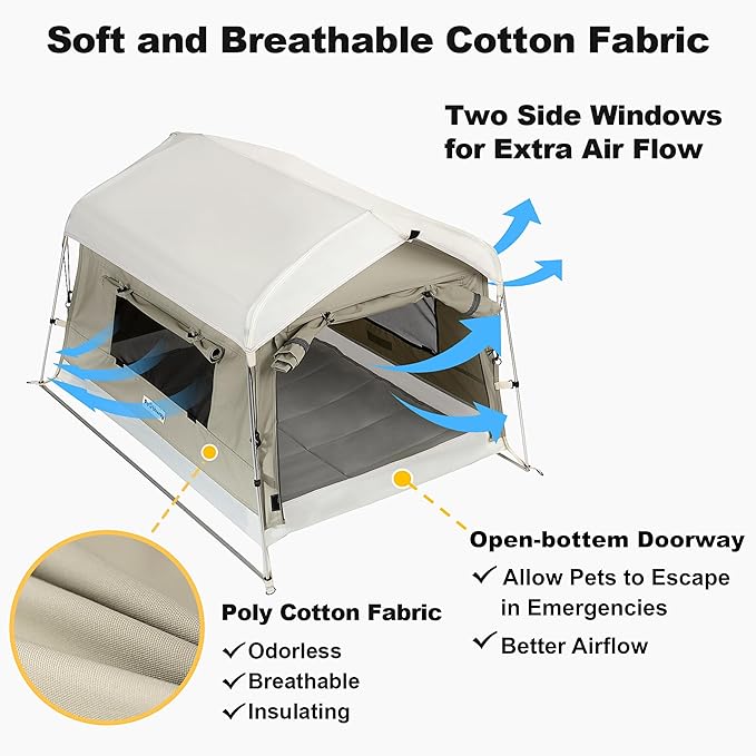 Dog Tent Cotton Fabric, Aluminum Poles and Camping Mat, Outdoor Weatherproof, Dog House Outdoor, Breathable with 2 Side Windows, Portable and Collapsible (Gray, Large)-PawvioPets