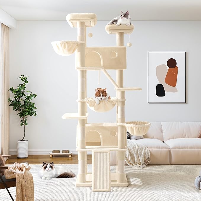 Allewie 81 Inches Tall Cat Tree/Multi-Level Large Climbing Tree House and Towers for Big Feline/Condo and Hammock/Scratching Post/Wide Base/Beige-PawvioPets