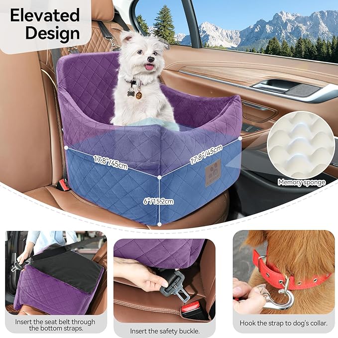 Dog Car Seat for Small/Medium Dogs, Dog Booster Car Seats with Thick Cushion for Dogs Under 35lbs, Detachable Washable Pet Carseat with Storage Pockets, 2 Safety Belts(Purple)-PawvioPets