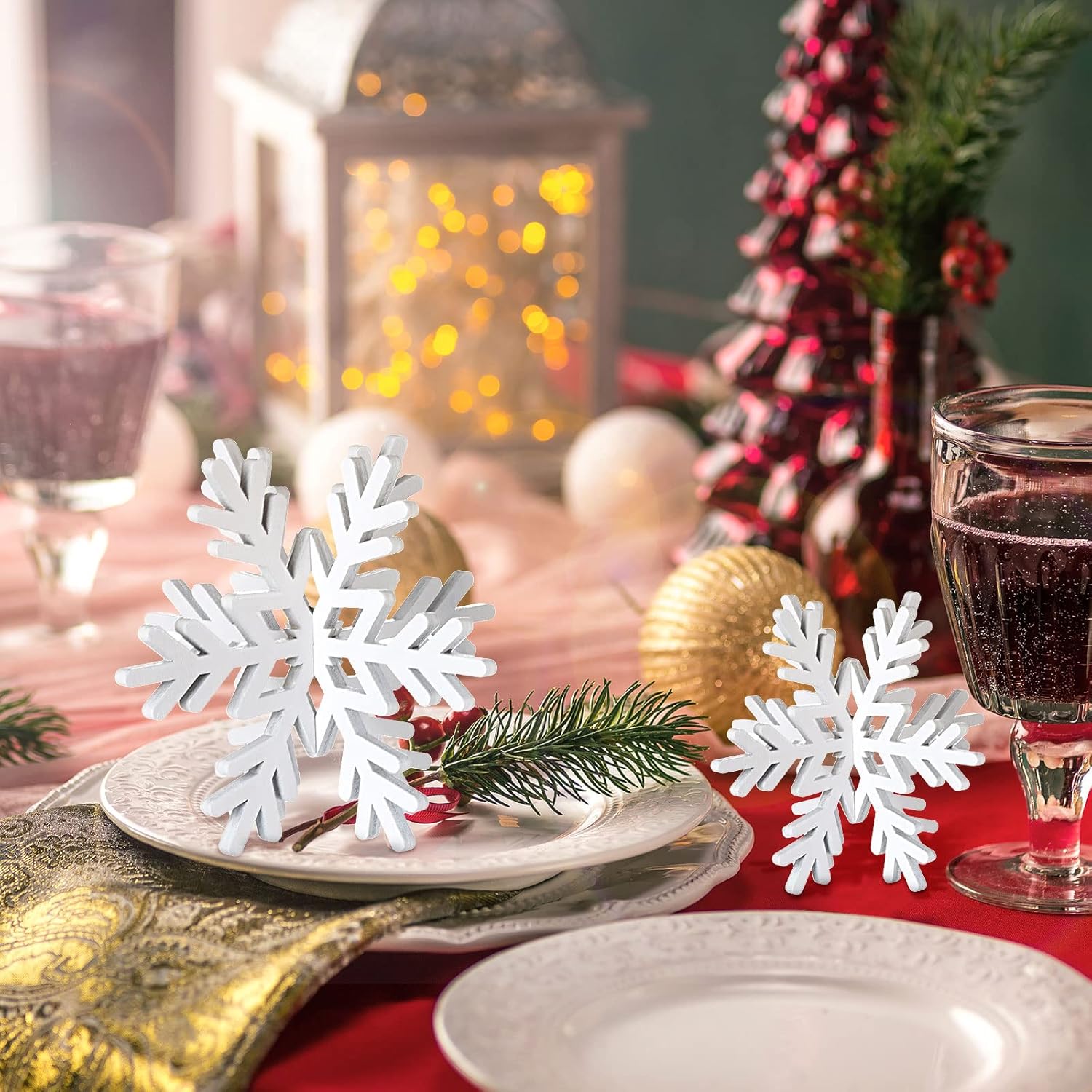 Bucherry 12 Pcs Wooden Snowflake Table Decor 3D Snowflake Tabletop Signs and Centerpiece for Christmas Xmas Winter Wonderland Decorations Home Party(White)