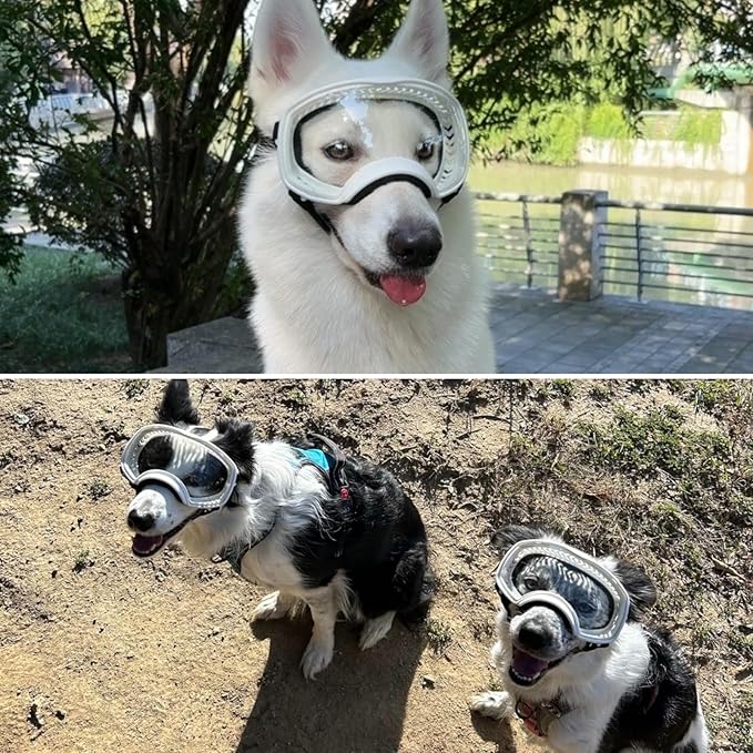 Dog Sunglasses UV Protection Clear Dog Goggles Windproof Glasses with Elastic Straps for Medium-Large Breed, White Frame + Clear Lens-PawvioPets