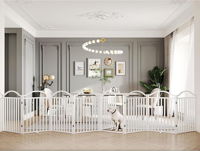 BHG Metal No-Assembly Freestanding Dog Gate with Door Walk Through, Extra Wide 96", Extra Tall 32" Pet Gate, Accordion Puppy Folding Playpen Dog Fence, with 2PCS Support (White, 8 Panels)-PawvioPets