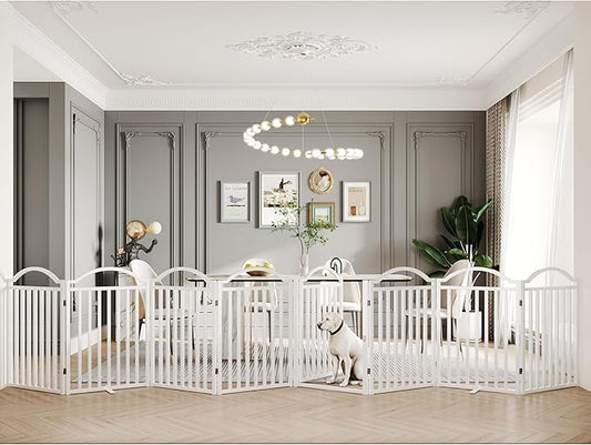 BHG Metal No-Assembly Freestanding Dog Gate with Door Walk Through, Extra Wide 96", Extra Tall 32" Pet Gate, Accordion Puppy Folding Playpen Dog Fence, with 2PCS Support (White, 8 Panels)-PawvioPets