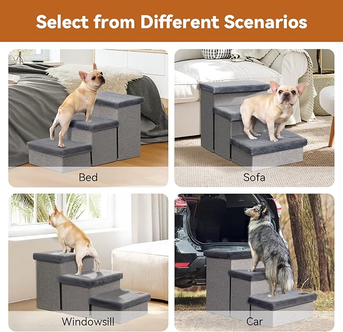 Dog Stairs with Furry Lids 18" H, 3-Step Wider Dog Steps with Storage for Small/Medium/Large Old Dogs Cats, Folding Sturdy Pet Stairs Climbing Bed Couch, Ramp for Car Hold Up to 200 lbs, Grey-PawvioPets