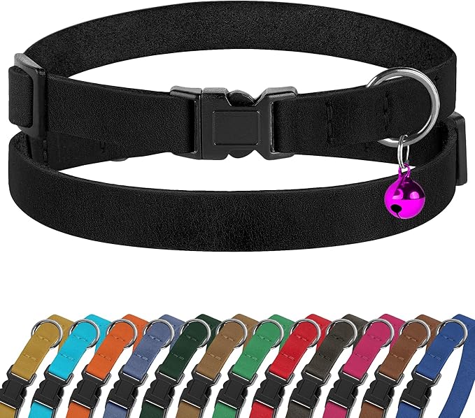 Breakaway Cat Collar Leather with Removable Bell - 13 Colors Available - Soft Adjustable Girl Boy Safety Lightweight Pet Kitten Collars Pink Brown Blue Green Red Orange Black (Black)-PawvioPets