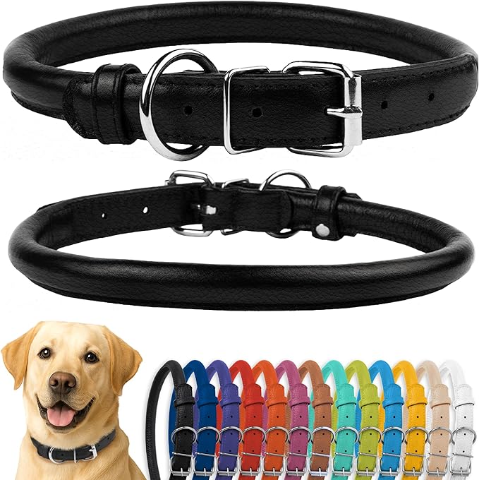 CollarDirect Rolled Leather Dog Collar, Soft Padded Round Puppy Collar, Handmade Genuine Leather Collar Dog Small Large Cat Collars 13 Colors (15-19 Inch, Light Blue Textured)-PawvioPets