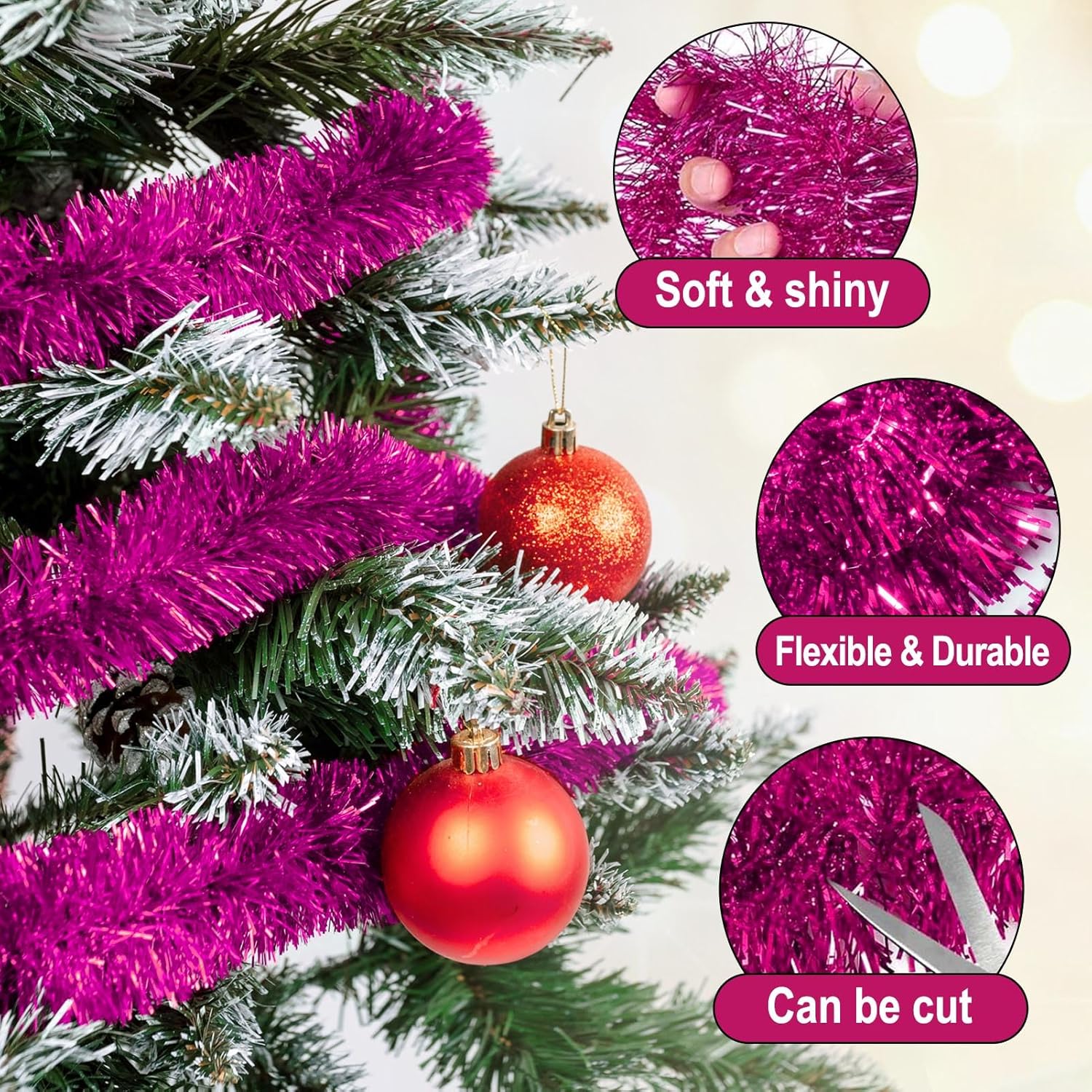 25 Feet Fuchsia Christmas Tinsel Garland, Metallic Foil Twist Garland Wall Hanging Tinsel Banner Backdrop for Parade Floats, Easter, Mother's Day, Birthday Party Decorations (4in x 25ft)