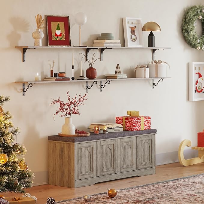 DINZI LVJ Shoe Bench, Entryway Storage Bench with Doors, Cushion, 2-Tier Shoe Rack with 8-Cubby, 47.2”L x 13.8”W Shoe Organizer Cabinet, Adjustable Shelf, Living Room, Bedroom, Gray Wash-PawvioPets