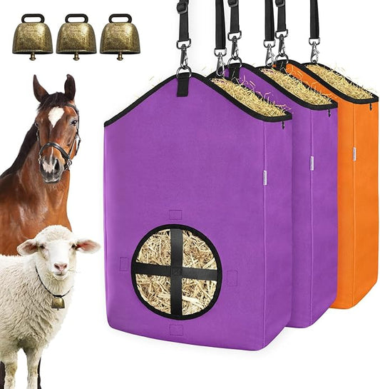 3 PCS Goat Hay Feeder,Hay Bags for Horses,Goats,Donkeys with Reinforced Oxford Fabric and High Strength Metal Clasp,Horse Feeding Supplies with Adjustable Strap for Easy Hanging(2Purple+1Orange)-PawvioPets
