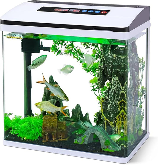 8 Gallon Fish Tank Starter Kit: Glass Aquarium w/Eco-Cycle Filter, 7-Color LED & Air Pump for Betta. Features 360° Crystal View, Temp/Time Display & Quiet Operation All-in-One Aquarium Kit-PawvioPets