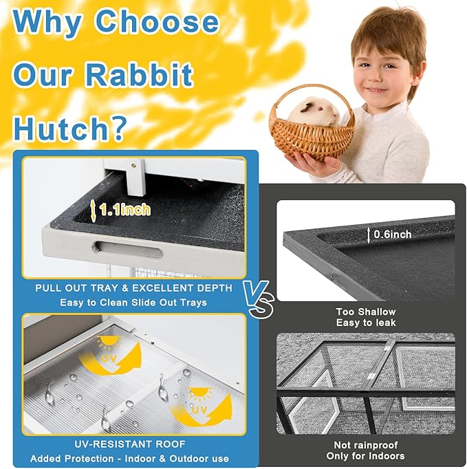 48" L Rabbit Hutch Outdoor Indoor Bunny Hutch Weatherproof, 2-Story Wood Rabbit Cage with Deep Tray, Chew-Resistant Ramp, UV Roof, Bunny House for Small Animal, Expandable Guinea Pig Cage-PawvioPets